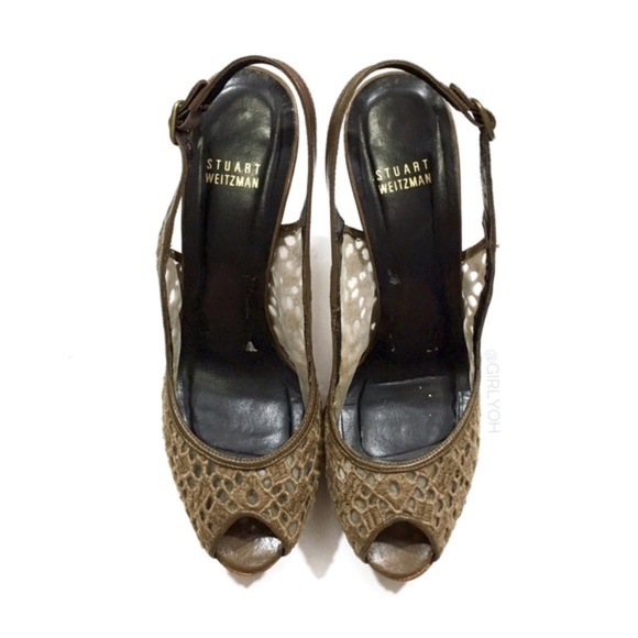 Stuart Weitzman Tan Crochet Peep Toe Sling Heels 9 - Picture 5 of 8